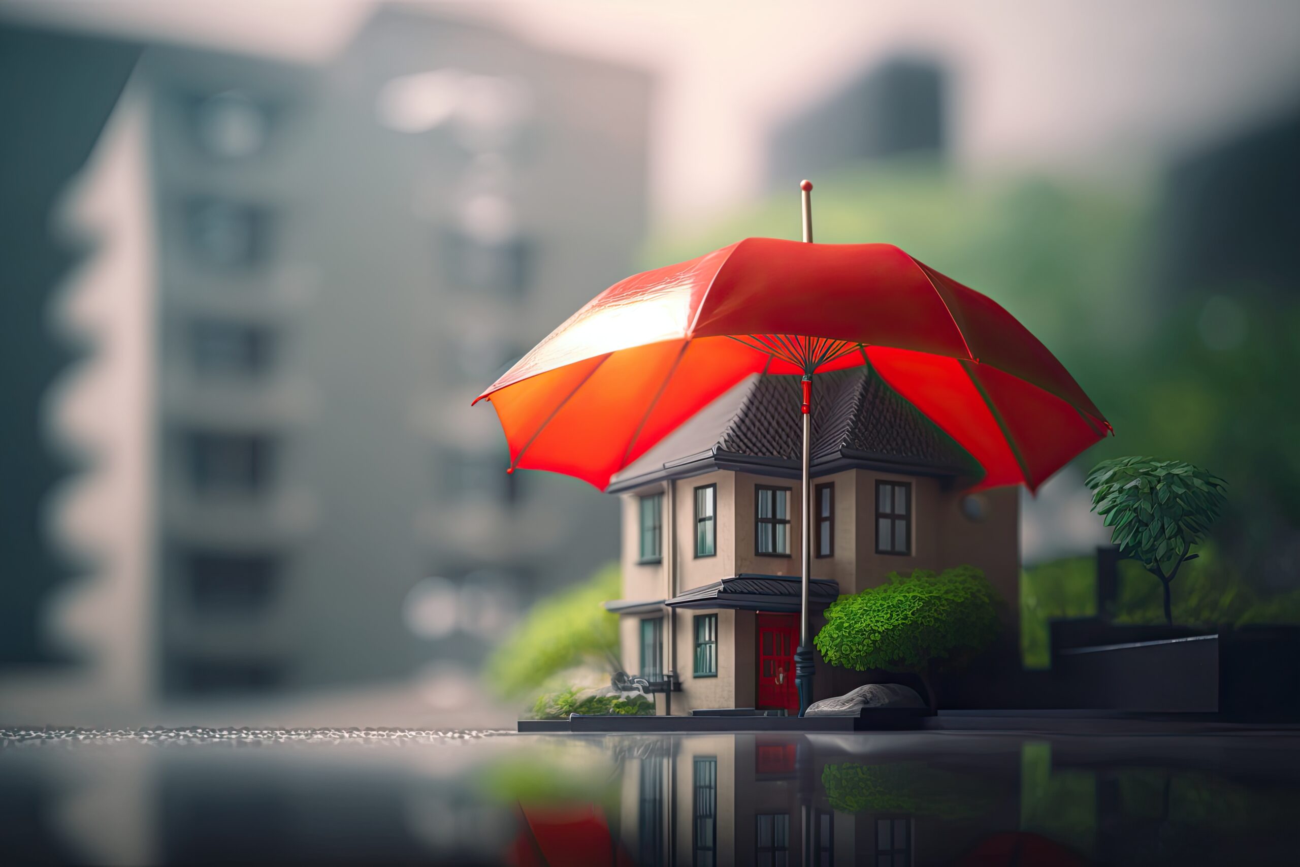House and umbrella. Property insurance concept. Protection of housing or house. Security and safety. Family, life and housing insurance. Service. Generative ai